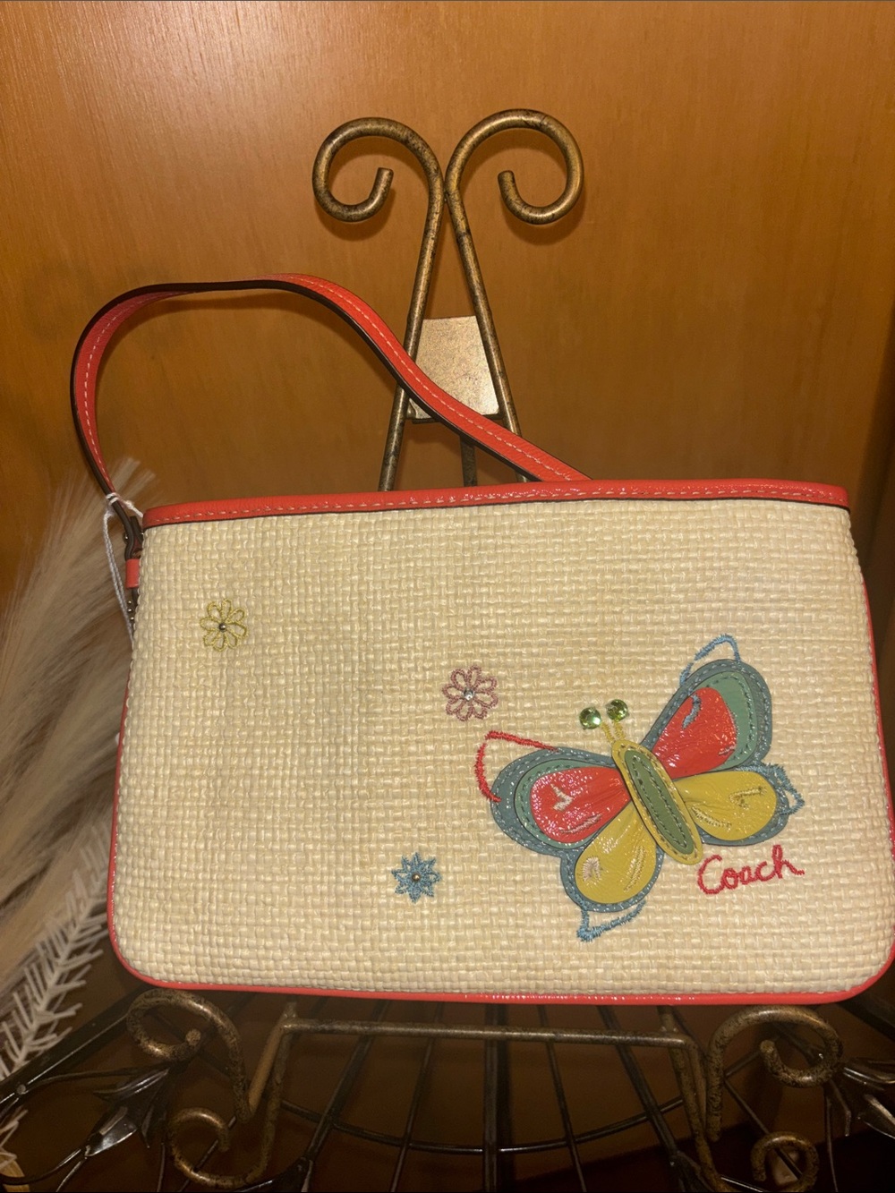 Coach Y2K Straw Wristlet with Coral Trim and Multicolor Butterfly